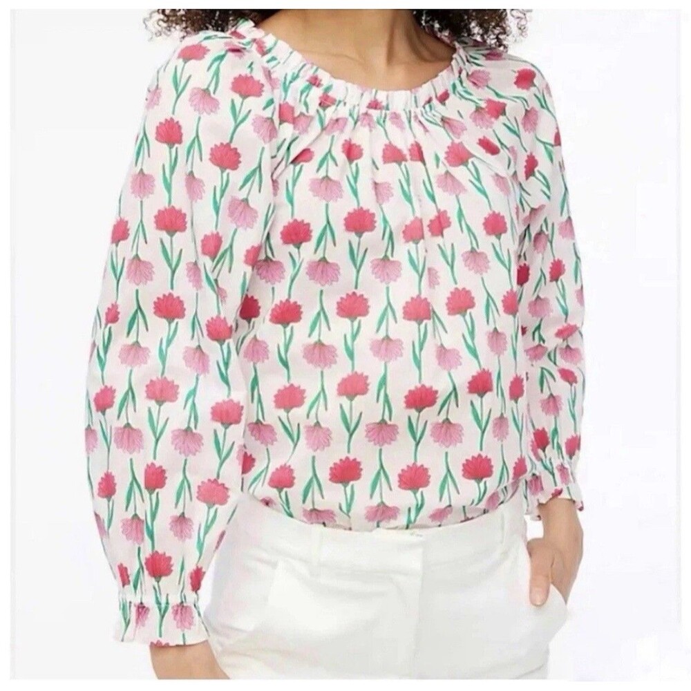 J Crew Adorable Lotus Flower Floral Pink Bow Cotton White Peasant Blouse size L